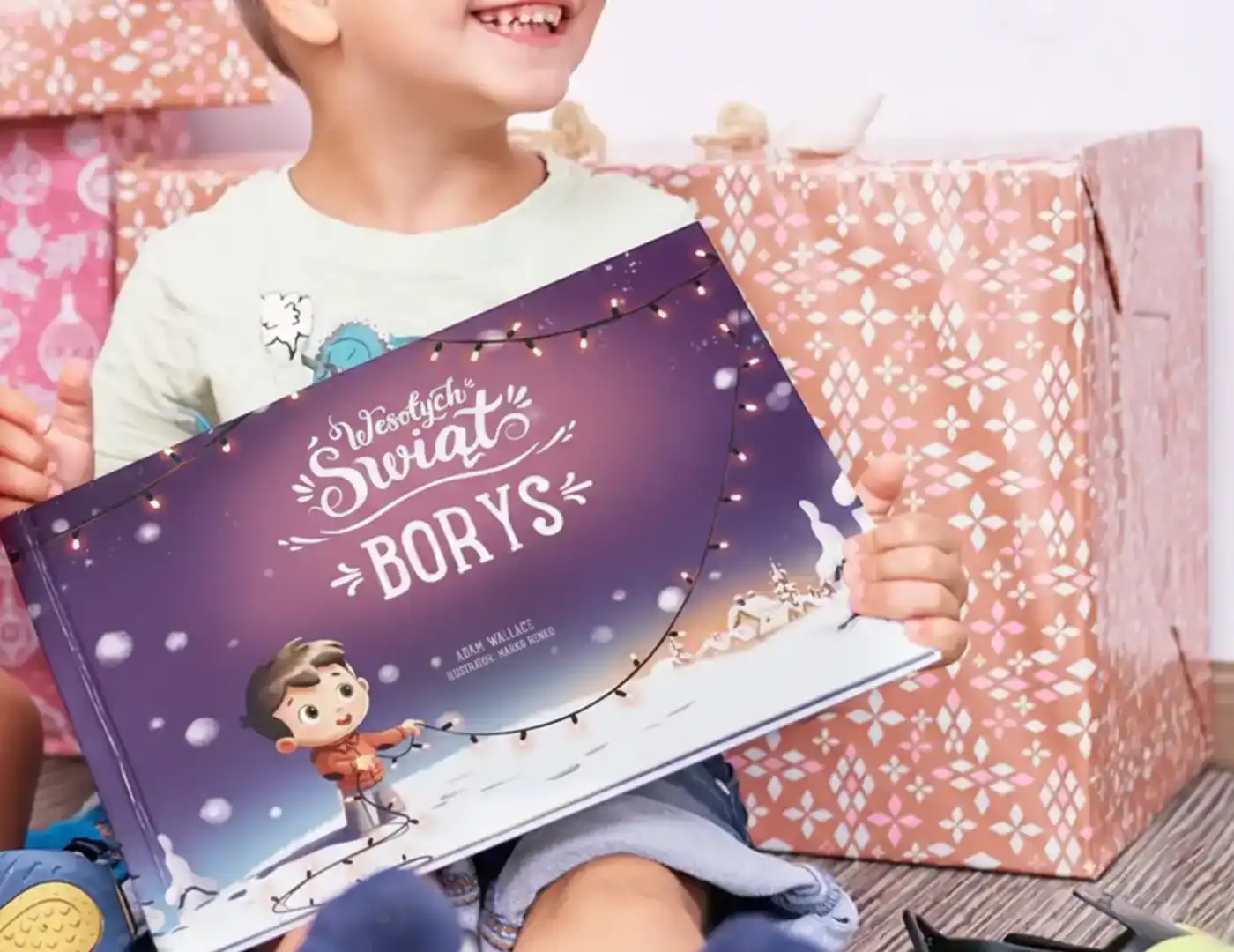 Okładka spersonalizowanej książki bożonarodzeniowej z chłopcem na okładce.
